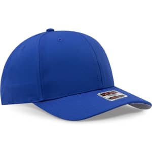 A blue 6 panel mid-profile baseball cap with a branded tag, featuring a curved peak and stitched detailing.