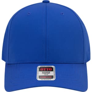 A blue 6-panel mid-profile baseball cap with a logo on the front and stitched detailing on the brim.