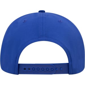 A blue 6 panel mid profile baseball cap featuring a logo on the back and an adjustable strap.