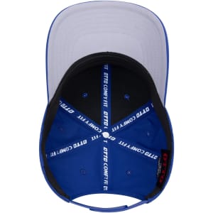 A mid profile blue baseball cap featuring a grey underside and an interior with branded labels.