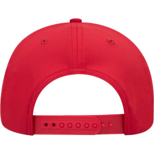 A red 6 panel mid-profile baseball cap featuring a branding logo on the back and an adjustable strap.
