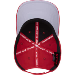 A red and grey 6 panel mid profile baseball cap with a black interior and a logo inside.