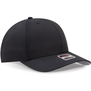 A black 6 panel mid profile baseball cap featuring a logo on the front and a curved visor.