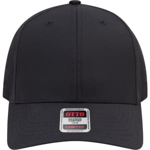 A black 6-panel mid profile baseball cap with a branded tag on the front.