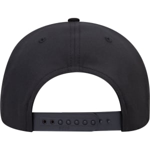 A black 6 panel mid-profile baseball cap featuring a rear adjustable strap and a logo on the back.