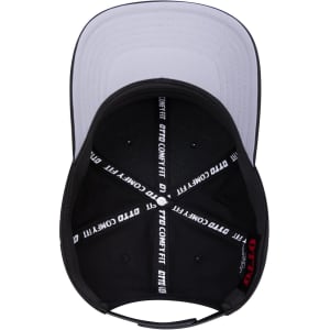 A black and white 6-panel mid-profile baseball cap featuring an inner lining with a logo design.