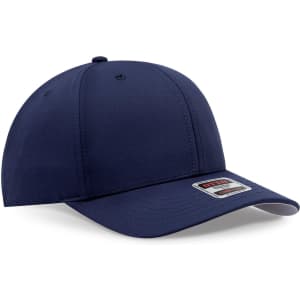 A navy blue 6 panel mid profile baseball cap with a logo on the front. Designed for comfortable headwear.