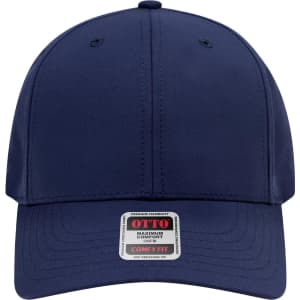 A navy blue 6 panel mid profile baseball cap with a logo on the front and ventilation eyelets.