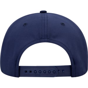 A navy blue 6 panel mid profile baseball cap with a back adjustment strap and a logo.