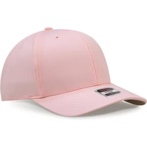 A pink 6-panel mid-profile baseball cap with a logo on the front.