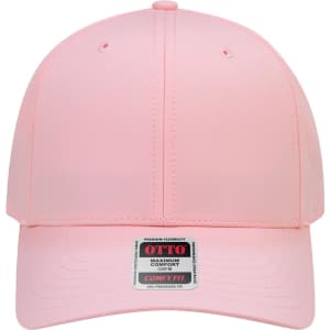 A pink 6-panel mid-profile baseball cap featuring a logo on the front and a smooth finish.