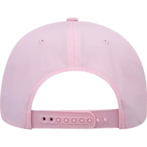 A pink 6 panel mid profile baseball cap featuring an adjustable strap and ventilation holes.