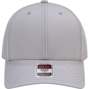 A grey 6 panel mid-profile baseball cap with ventilation holes and a logo on the front.