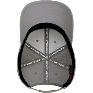 A grey 6 panel mid profile baseball cap with an interior design featuring a logo and striped pattern.