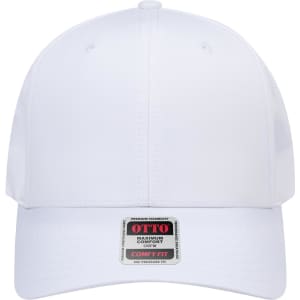 A white 6 panel mid profile baseball cap with a logo on the front. The cap features a structured design.