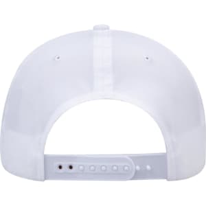 A white 6 panel mid profile baseball cap featuring an adjustable strap at the back and a logo.