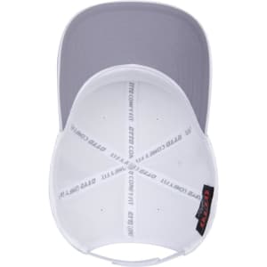 A white 6-panel mid-profile baseball cap with a grey underside to the brim and an internal label.