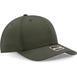 An olive green 6 panel mid profile baseball cap featuring a logo.
