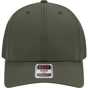 A 6 panel mid-profile baseball cap in olive green with a branded label at the front.