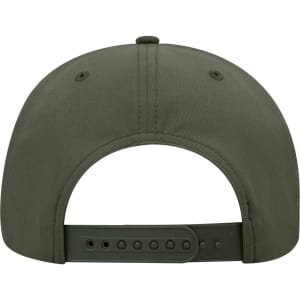 A dark green 6 panel mid profile baseball cap featuring a logo and an adjustable strap at the back.