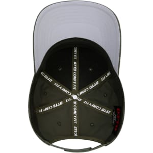 A black and grey 6-panel mid-profile baseball cap with an interior label and branding.