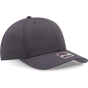 A grey 6 panel mid profile baseball cap with a logo on the front and a curved brim.