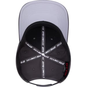 A black and grey 6-panel mid-profile baseball cap featuring a logo inside.