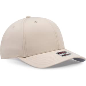A beige 6-panel mid-profile baseball cap with a curved brim and a logo on the front.