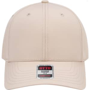 A beige six-panel mid-profile baseball cap with a branded tag on the front.
