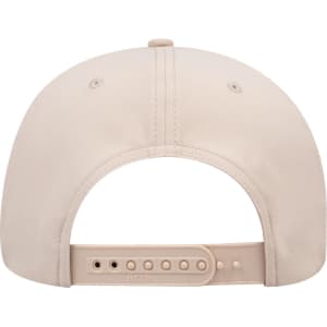 A beige 6 panel mid profile baseball cap with an adjustable strap and ventilation holes at the back.
