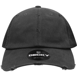 A black vintage trucker cap featuring a distressed design and a brand logo on the front.