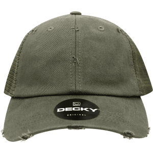 A vintage-style, olive green low profile trucker cap with a distressed finish and a logo present.