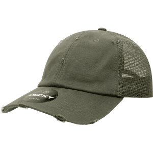 A vintage trucker cap in olive green with a distressed brim and mesh panels, featuring a logo.