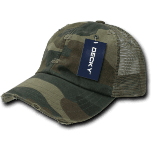 A camouflage trucker cap in green and brown with a distressed finish and mesh back, featuring a tag.