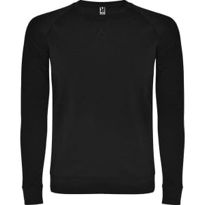 A black sweatshirt featuring raglan sleeves and a logo at the neck. Suitable for casual wear.