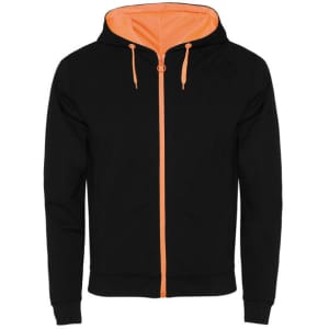 A black hooded sweatshirt with an orange inner lining and drawstrings, featuring a front zipper and a logo.