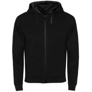 A black hooded sweatshirt with a front zip and a hood, featuring a logo.