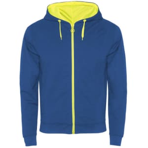 A blue hooded sweatshirt with a bright yellow interior and zip fastening, featuring a logo.