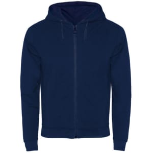 A navy hooded sweatshirt featuring a zip closure and front pockets. It has a logo on the garment.