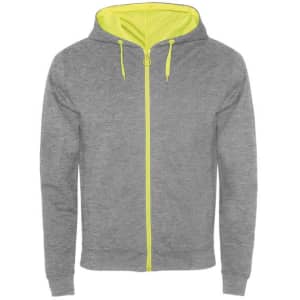 A grey hooded sweatshirt with a bright yellow interior and zipper details, featuring a logo on the front.