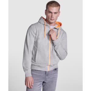 A grey hooded sweatshirt with an orange hood and drawstrings, featuring a front zip and pockets.