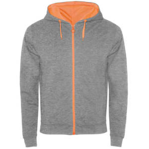 A grey hooded sweatshirt with an orange zip and inner lining, featuring a logo on the front.