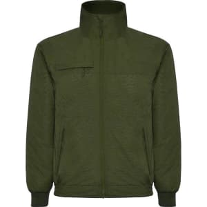 A waterproof jacket in a dark green colour, featuring a zip front, high collar, and multiple pockets.