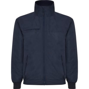 A navy waterproof jacket with a high collar and zippered pockets, featuring a logo on one side.