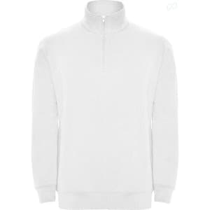 A white half zip sweatshirt with a high collar and long sleeves, featuring a logo on the front.