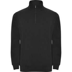 A black half zip sweatshirt with long sleeves and a stand collar design. It features a logo on the front.