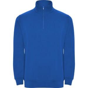 A vibrant blue half zip sweatshirt with a high collar and long sleeves, featuring a logo on the front.