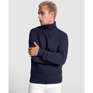 A navy half zip sweatshirt featuring a high collar and a fitted design, suitable for casual wear.