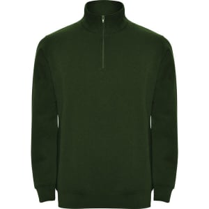A dark green half-zip sweatshirt with a high collar and long sleeves, featuring a small zippered opening.