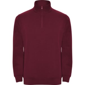 Burgundy half zip sweatshirt with a pullover design and a collar. Features a small logo on the front.